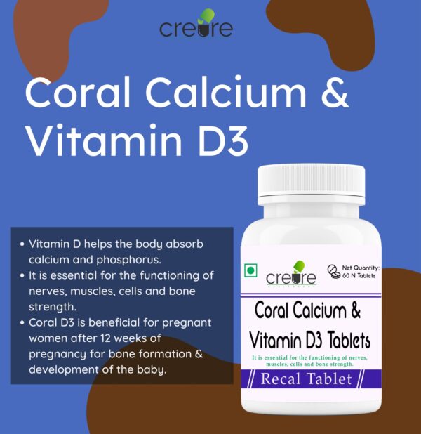 Creure Coral Calcium & Vitamin D3 Tablets supplement that helps to maintain normal healthy bones and teeth. This is a calcium supplement that helps to promote the absorption of calcium from the digestive system.