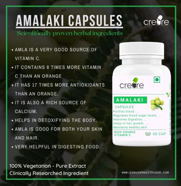 Creure Amla capsules it is a natural source of Vitamin C builds immunity against viral & bacterial ailments including cough & cold, naturally. Reduces acidity, helps in hair growth and helps in digestion.
