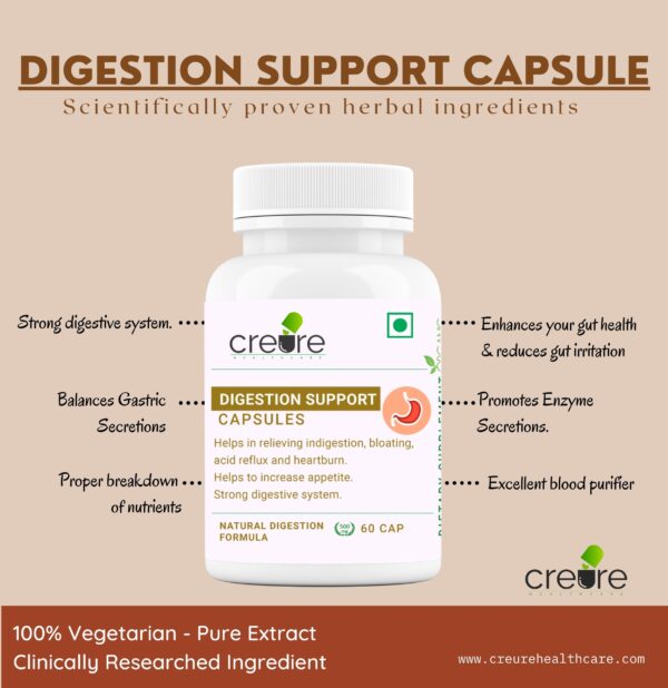 Buy Creure Digestion Support Whether you’re looking to detoxify  or simply improve your digestion and absorption of nutrients, our Digestive Support  Capsules can help. Promotes Enzyme Secretions.