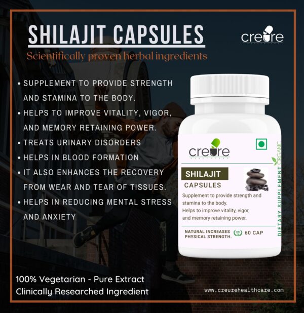 Buy Creure Shilajit used for managing stress and anxiety but also helps to improve vitality, vigor, and memory retaining power. Treats Urinary disorders