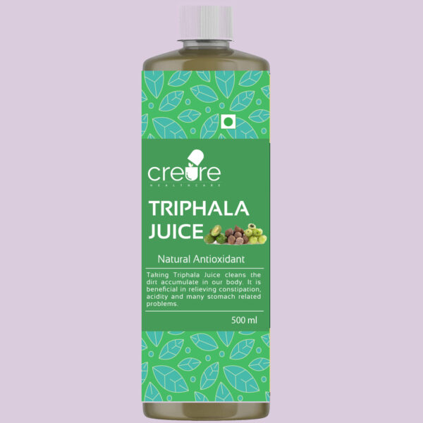 Creure Triphala Juice is a 100% natural drink for good health. Triphala Juice will help to lower the risk of cholesterol and purify the blood. It is beneficial in relieving constipation, acidity and many stomach related problems.