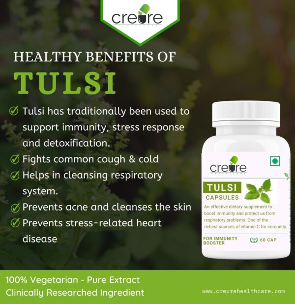 Buy Creure Best Tulsi Capsules, Tulsi has traditionally been used to support immunity, stress response and detoxification. Tulsi is effective remedy for severe acute respiratory syndrome. Tulsi gives relief in cold, fever, bronchitis and cough.