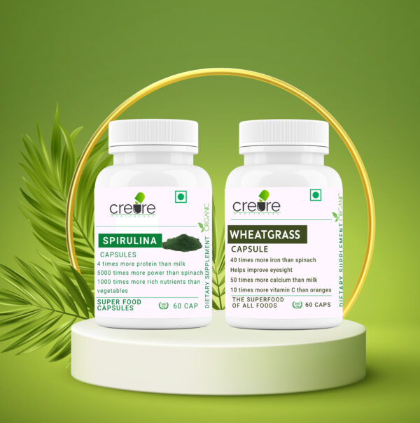Creure Complete Nutritional Combo. It helps to increase haemoglobin level, for eyesight Spirulina, wheatgrass is Extremely High in Many Nutrients. It supports bone & muscle health.